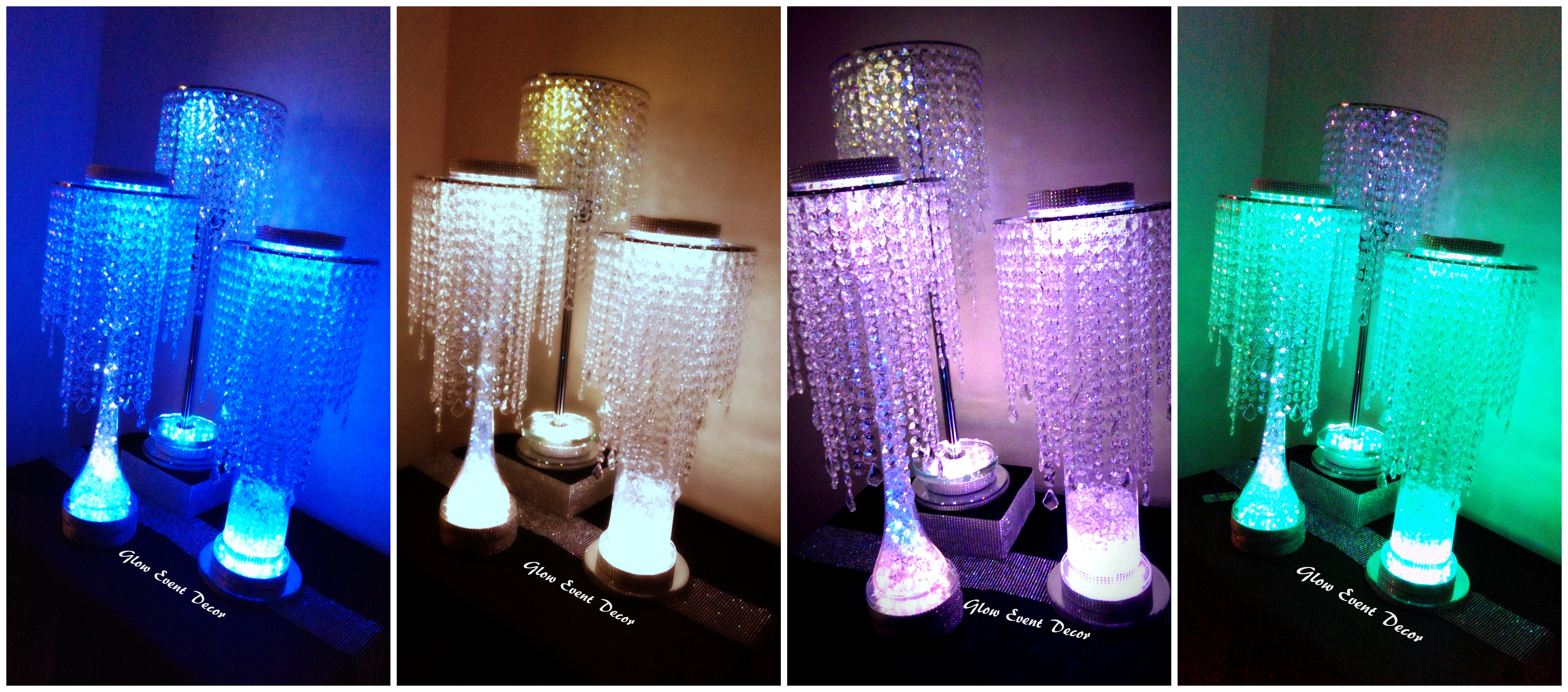 Crystal chandelier LED eiffel tower vase and chrome pole table decoration centrepieces for hire in adelaide, glow event decor