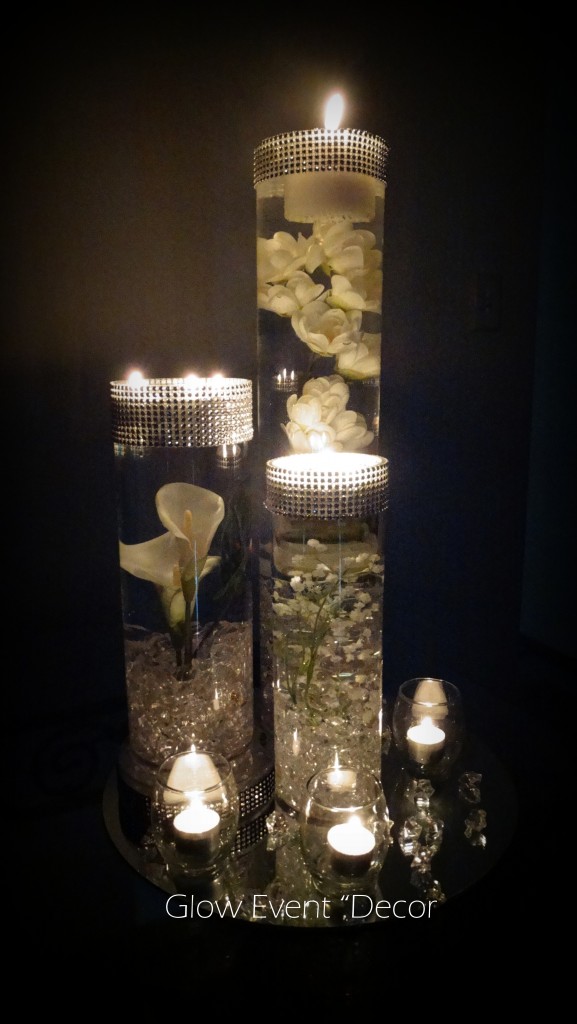 Cylinder Vase Trio submerged lillies, gyp sophlia, bablies breath, crystal garland for bridal wedding table, dream wedding centrepiece decor decoration for hire in adelaide Glow Event Decor