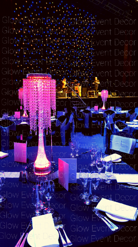 LED crystal chandelier drops centrepieces for wedding bridal table centrepieces for hire Glow Event Decor Adelaide