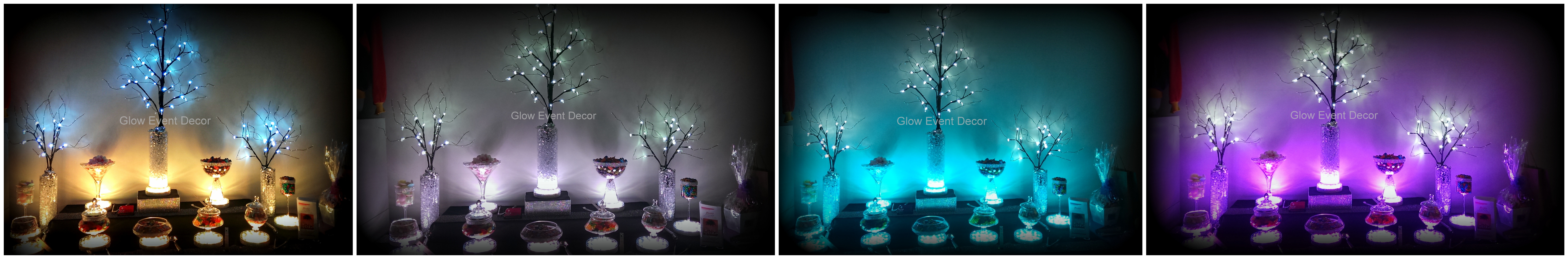 double height LED branches table centrepiece decorations with LED light base and crystal ice, with lolly candy buffet for hire adelaide
