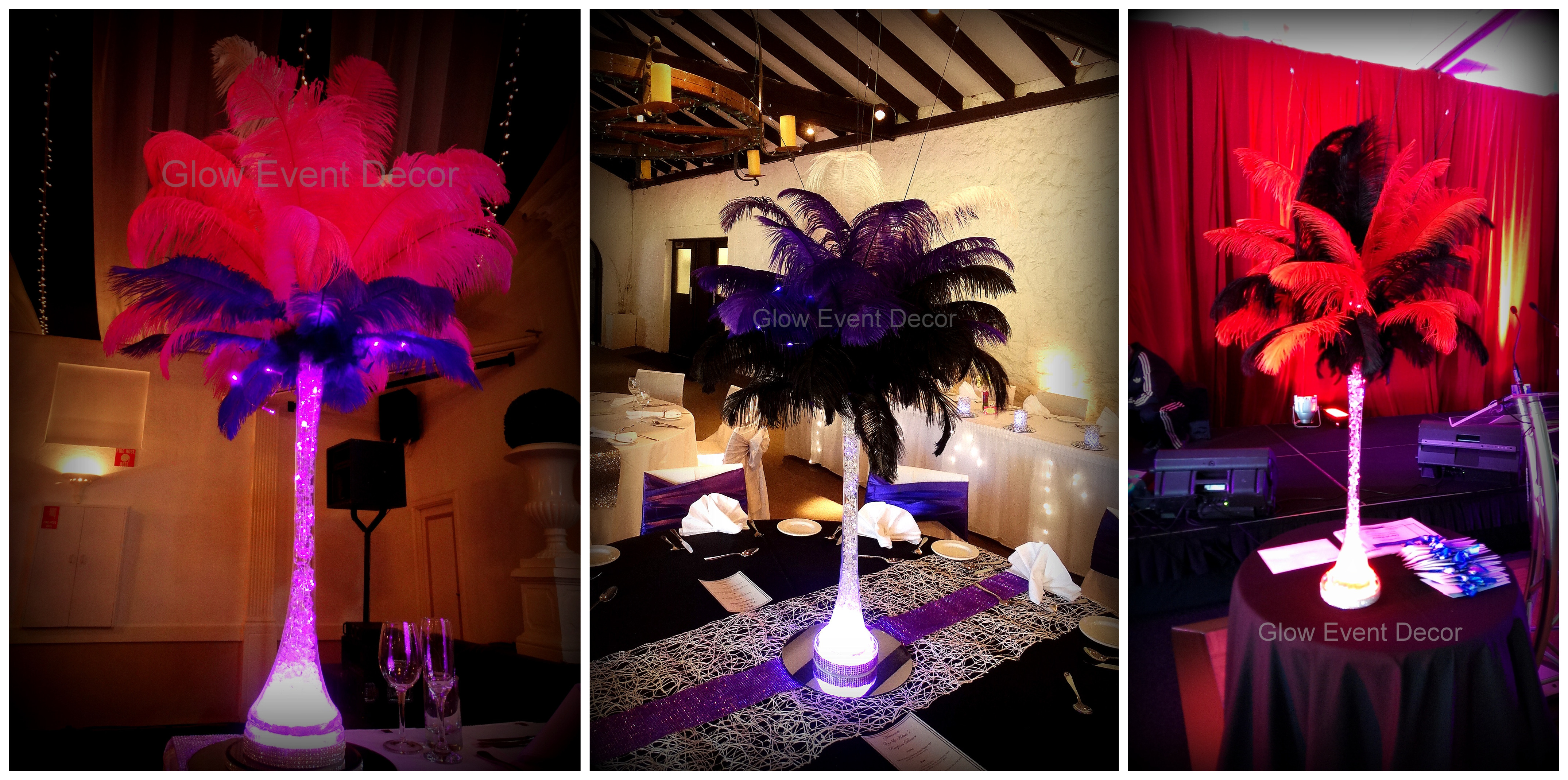 Ostrich feather table centrepiece decorations with LED eiffel tower vase, and LED lighting, available for hire from glow event decor in adelaide