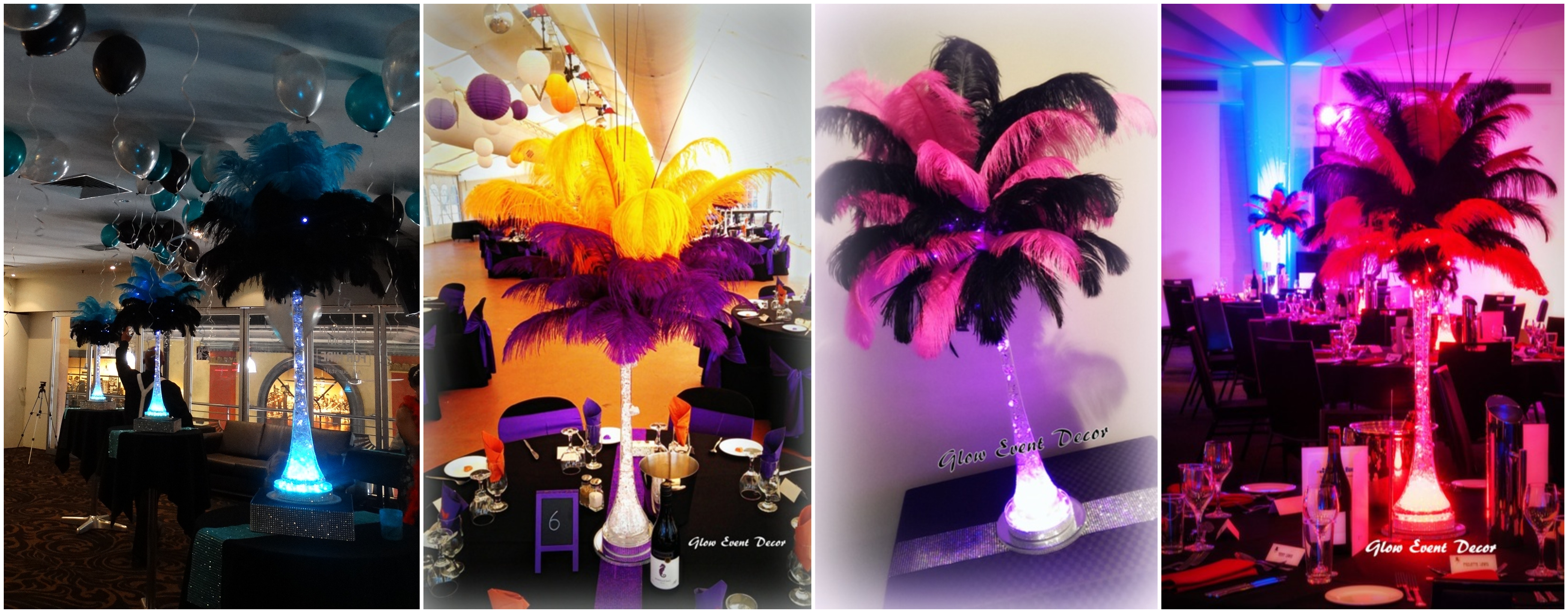 Ostrich feather table centrepiece decorations with LED eiffel tower vase, and LED lighting, available for hire from glow event decor in adelaide