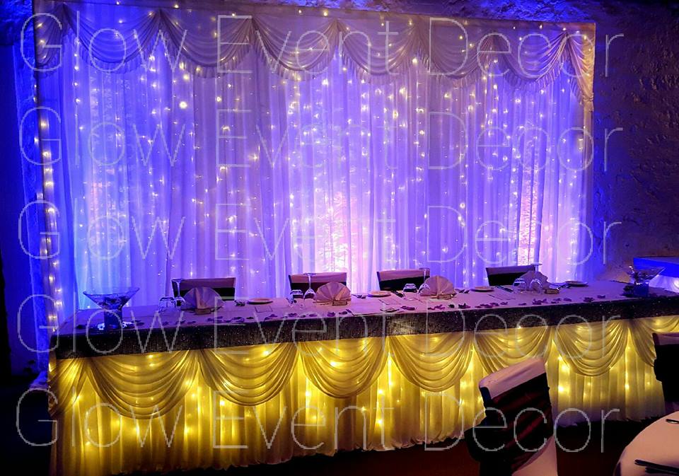 Fairy Light backdrop with LED Colour Wash and Fairy Light Bridal Table 