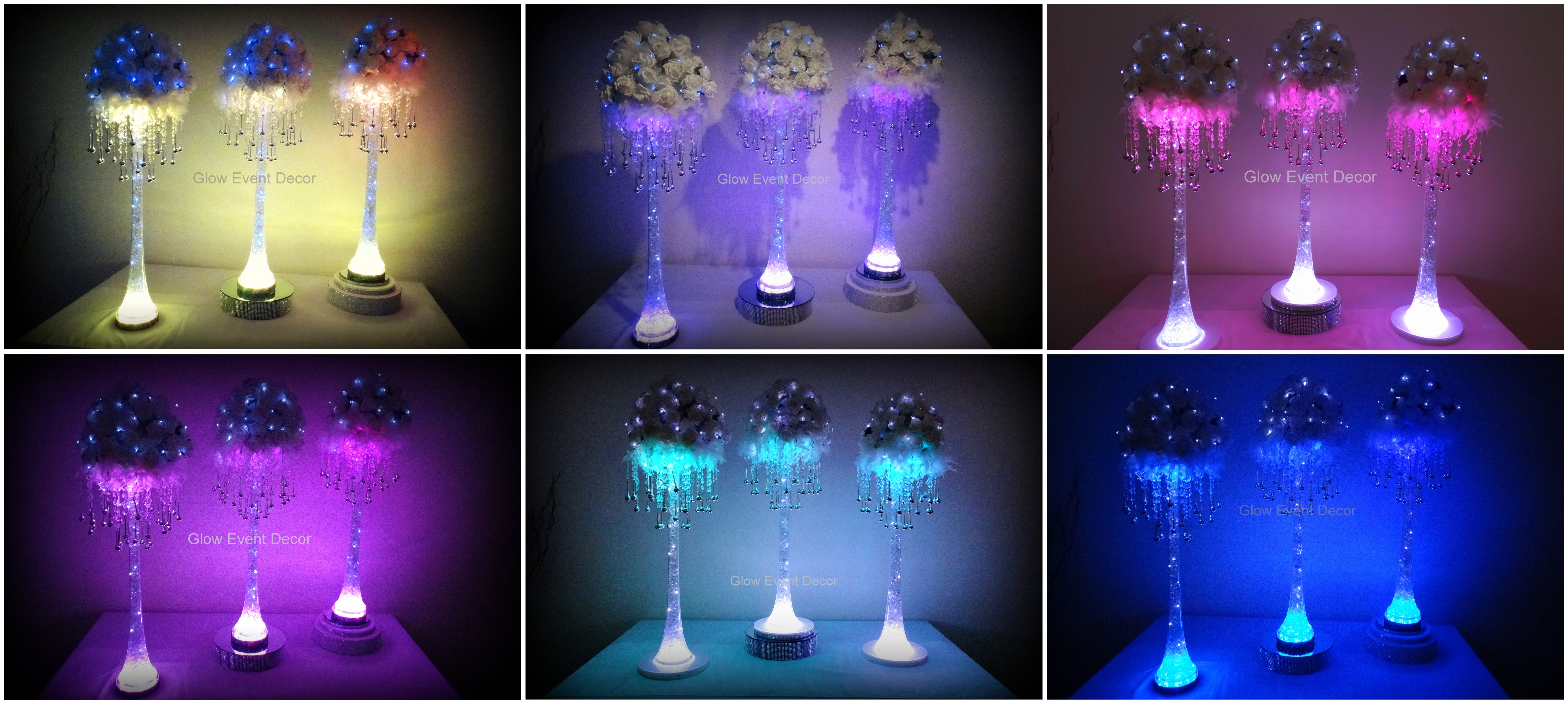 selection of LED eiffel tower silver raindrop rose and ostrich feather table decoration centrepieces for hire in Adelaide from Glow Event Decor