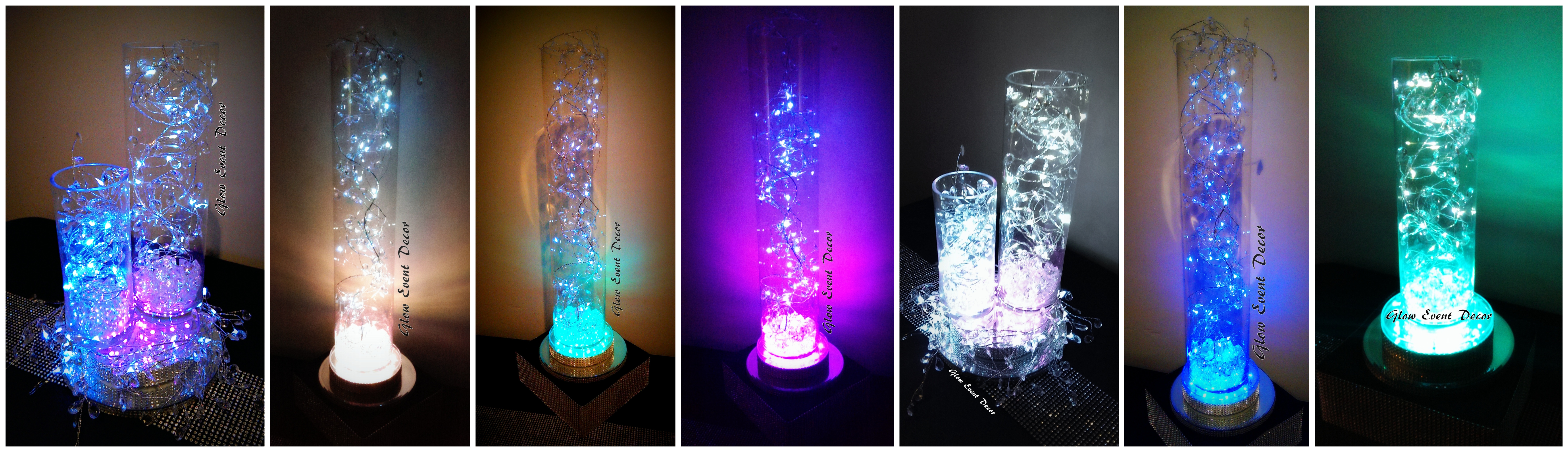 selection of LED light up cylinder vase table decorations centrepieces for hire from glow event decor