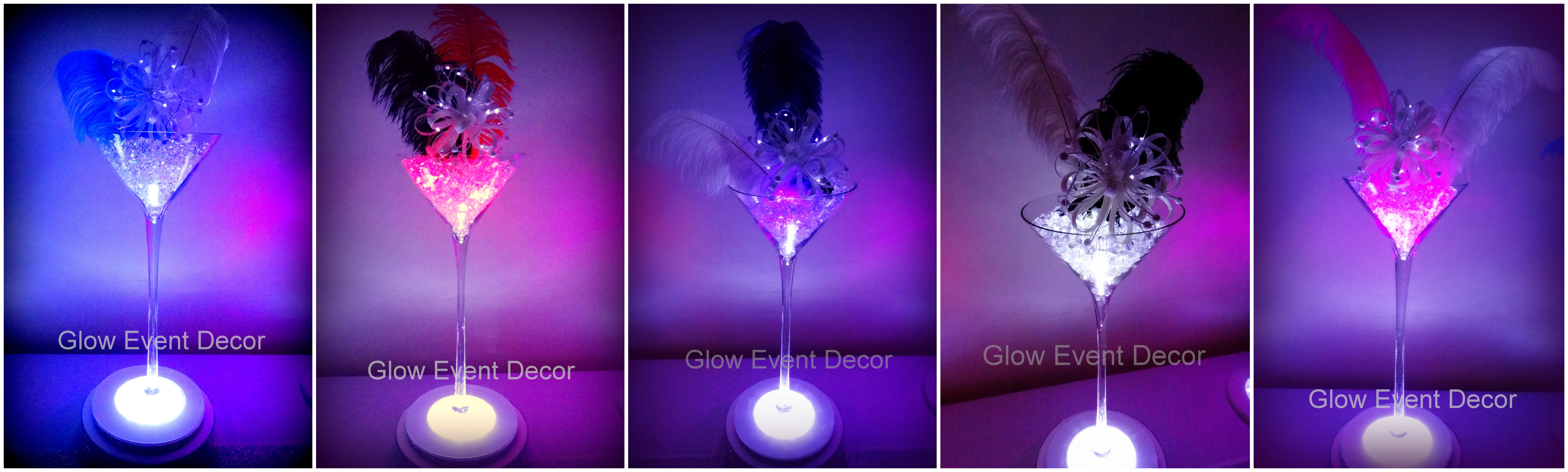 selection of giant LED martini glass table decoration centrepieces with LED light bases and ostrich feathers, for hire in adelaide, glow event decor.