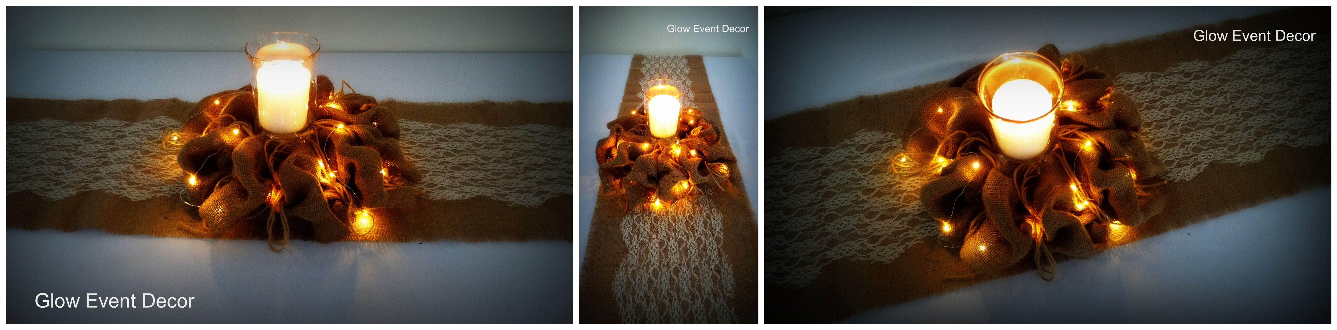 Hessian and lace table runner decoration hessian wreath LED fairy light centrepiece for hire from glow event decor