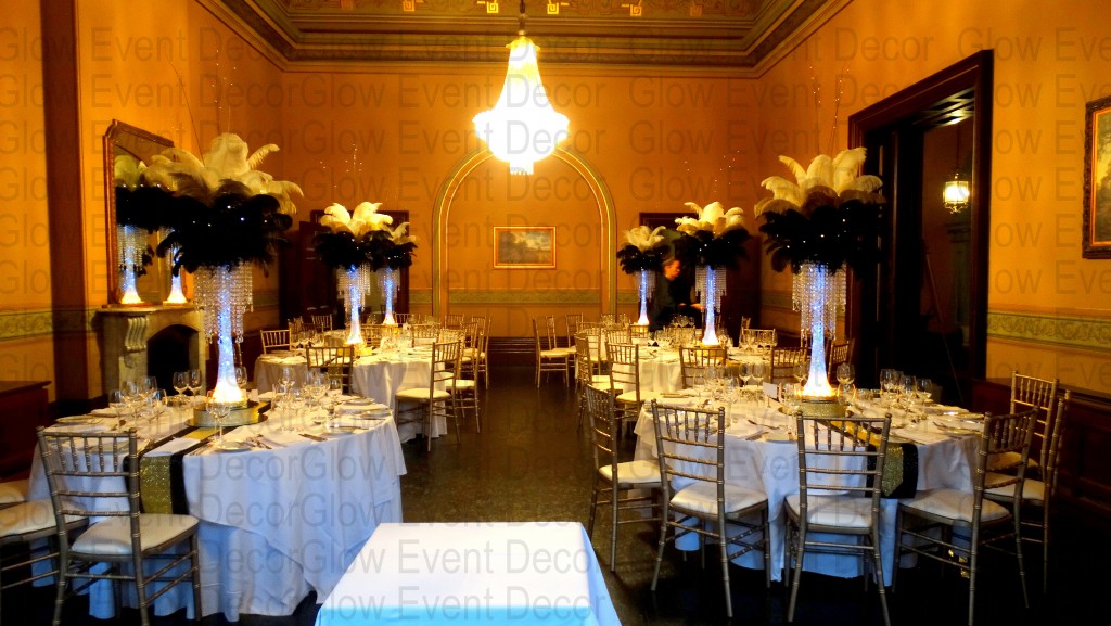 Black, Gold & White Ostrich Feathers with Chandelier Drops at Ayres House